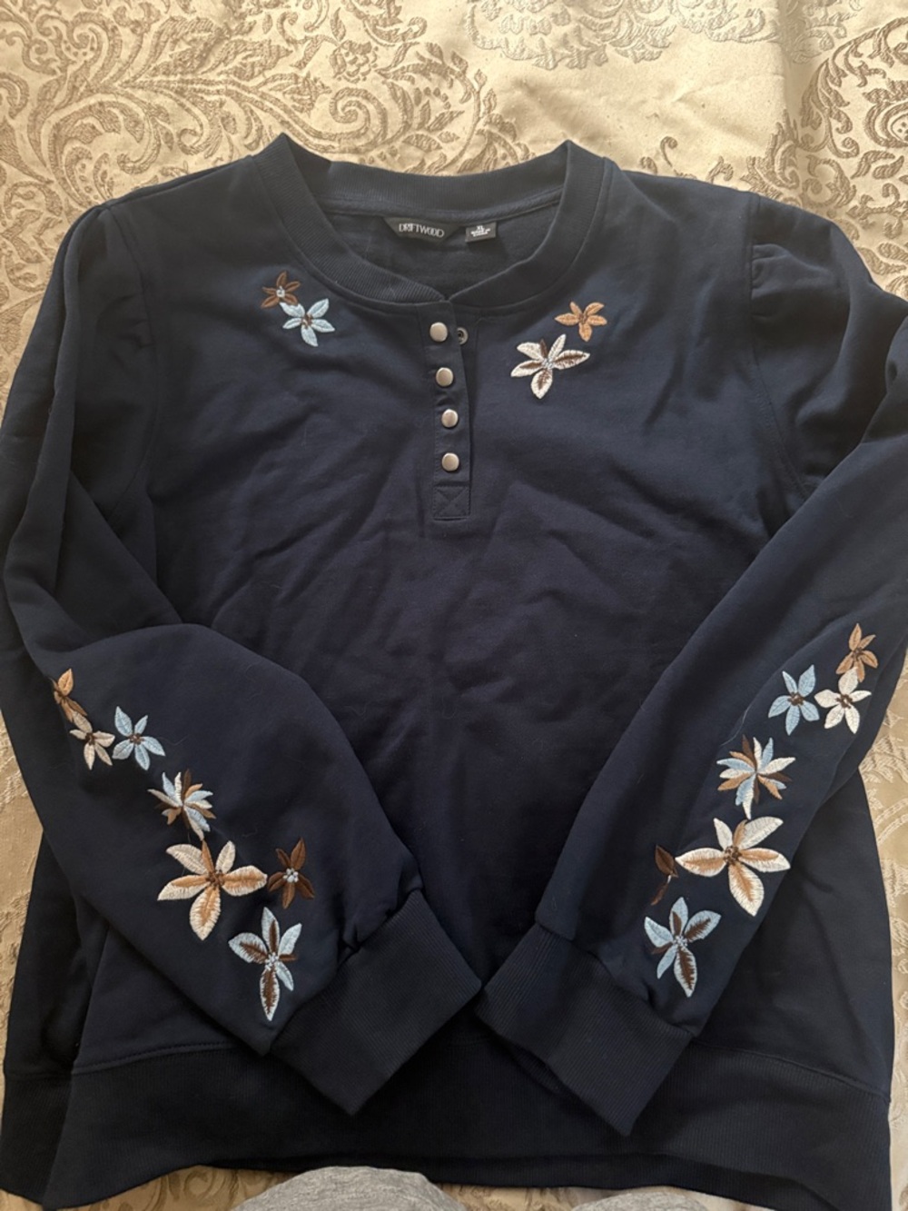 DRIFTWOOD Navy Floral Embroidered Henley Sweatshirt